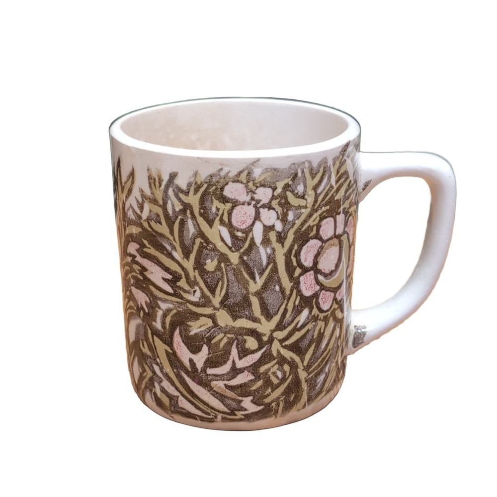 Floral Pattern Ceramic Mug Cream Brown Pink Vine‎ Design